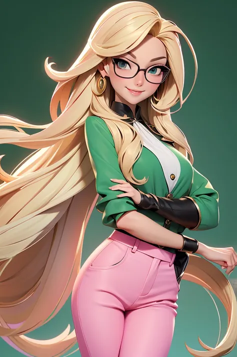 Create a character of a stunning woman. blond, fine and long hair, white skin tone, eyes black, Square-shaped prescription glasses, thin lips, smiling, Wearing a pink blouse and green pants.