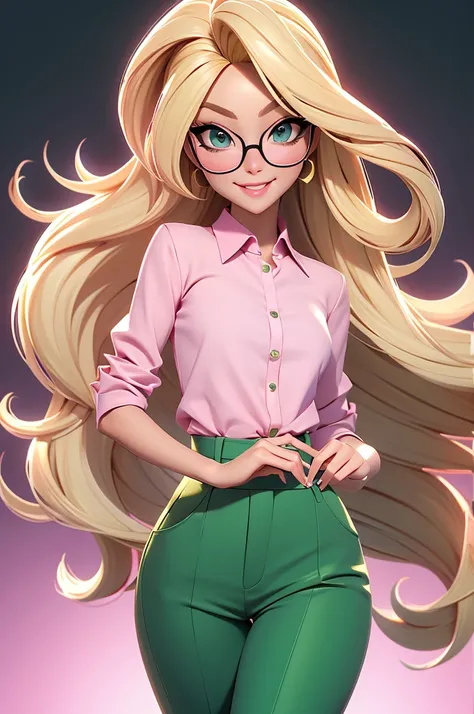 Create a character of a stunning woman. blond, fine and long hair, white skin tone, eyes black, Square-shaped prescription glasses, thin lips, smiling, Wearing a pink blouse and green pants.