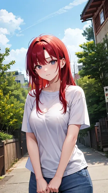 Red Haired Woman,White shoulder T-shirt,Embarrassing,Clothes get torn.