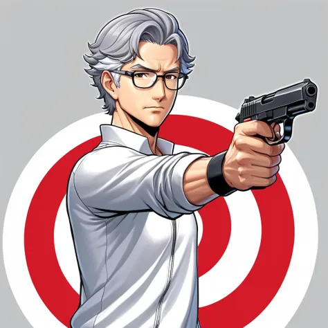 Mangá style man middle age 50 years old, gray hair target shooting pose Wielding an “Air Pistol 10 meters” in his right hand Stretching his armo he wears white jersey-casual logo “olimpic-games” of the competition Turkey flag this in target shooting pose w...