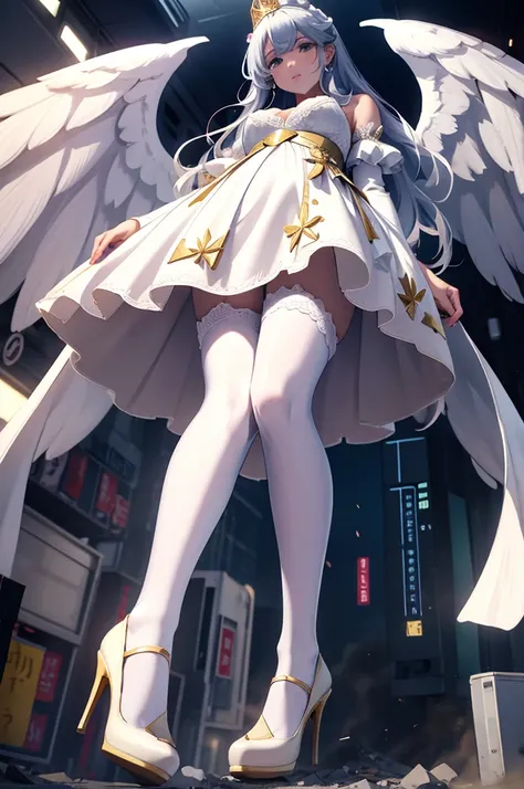 Giant Girl 50,000 feet high，Weight 1000 kg，Has a pair of white feather wings，Have a pair of long legs，Like a pregnant queen，Smirking and rubbing her belly，Wearing a white crown，Wearing white earrings，She has long white wavy hair.，Loose hair，Wearing a pair ...