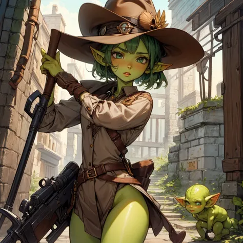 absurd resolution, ((best quality)), ((masterpiece)), (very detailed), 1girl, 4k, goblin girl, short stature,short hair, ((green skin)), small pointy ears, perfect skin, western gunslinger, cowboy hat, revolver 