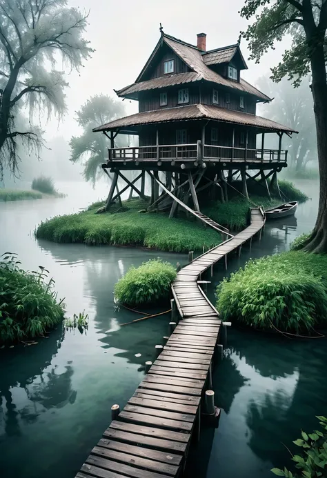 a wooden bridge that leads to a small island in the river. on the island stands a old house in slavic style, a couple of trees n...