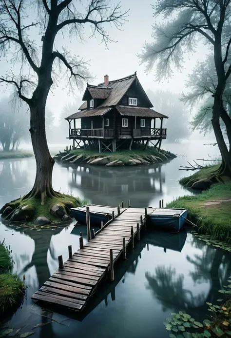 a wooden bridge that leads to a small island in the river. on the island stands a old house in slavic style, a couple of trees n...