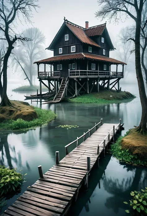 a wooden bridge that leads to a small island in the river. on the island stands a old house in slavic style, a couple of trees n...