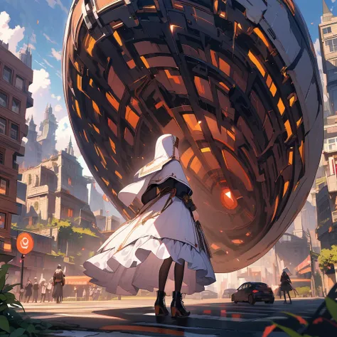 White nun singing in front of a giant mechanical egg, ruins, detailed background, detailed depiction, 4K, UHD, absurd, ultra high quality, masterpiece,