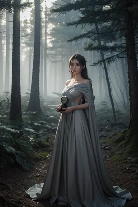 Beautiful girl in gray gown standing in dark forest, epic style, octane render, desert composition, beautiful face, surrealist, oil on canvas, award-winning, masterpiece, Art Station Trends, From Studio Ghibli