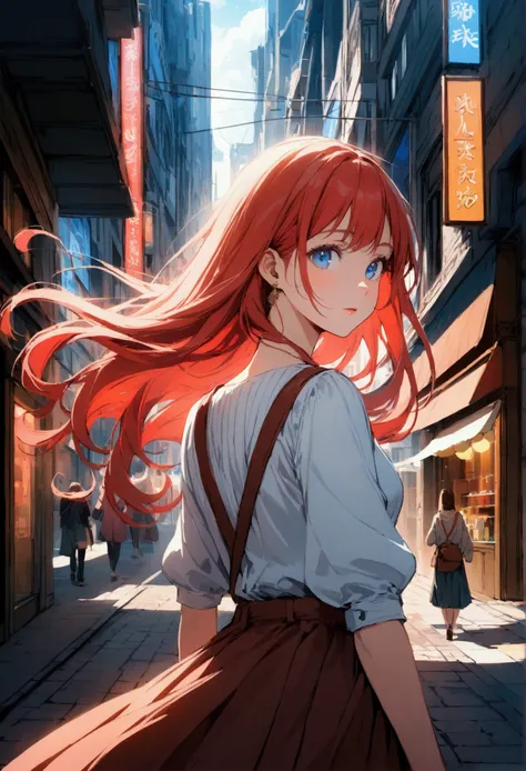 A woman with long red hair and blue eyes wears casual clothes with her back to the city center during the day..