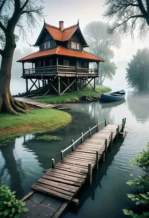 a wooden bridge that leads to a small island in the river. on the island stands a old house in slavic style, a couple of trees n...