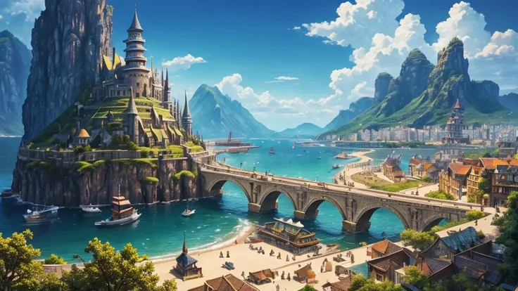 ((masterpiece)),((highest quality)),((high detail)),nobody, fantastic scenery, sunny, wideshot, Port city, fantasy