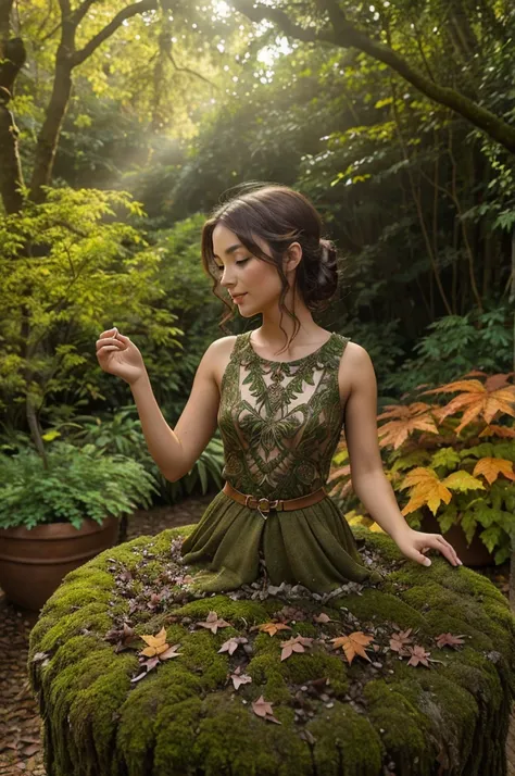 A whimsical miniature figure composed of delicately arranged autumn leaves, poised in a carefree dance on the rim of a weathered, moss-covered terracotta pot, set against a lush, vibrant forest backdrop, where dappled sunlight filters through the canopy ab...