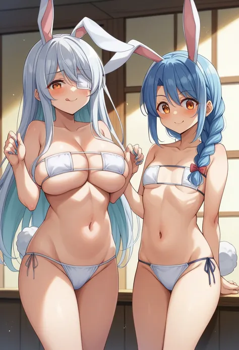 Usada Pekora、Long Hair、chest、Staring at the audience、blush、smile、bangs、Multiple Girls、巨大なchest、（巨大なchest：1.8)、hair ornaments、belly button、2 girls、Animal ears、underwear、Blue Hair、clavicle、tail、Braid、White Hair、Colorful Hair、tongue、tongue出し、Bunny ears、ツインBra...