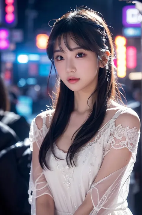 **prompt**:
In a crystal decorated background、A beautiful Japanese girl wearing a thin, delicate lace outfit。In a material that lets her skin shine through、Fine lace detailing on shoulders。Beautiful girl looking at the camera、The face is tilted slightly、Sh...