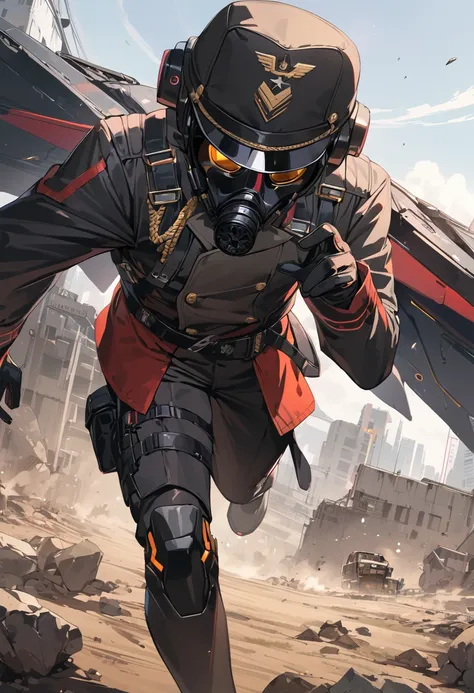 (masterpiece, best quality:1.1), (ultra highres, ultra-detailed:1.2),pop-art, one boy,male officer,(dynamic pose),(black military cap,military Gasmask,gloves,has large rweapon,(mechanical wings)),BREAK (cyberpunk nazi-uniform),(wasteland,no mans land),dyna...