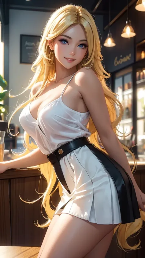 (best quality,ultra-detailed,photo-realistic:1.37),bright and vibrant colors,studio lighting,playful expression,stylish makeup,long blonde hair flowing in the wind,alluring eyes,glossy lips,sexy pose, Mini skirt, coffee shop, black,smiling in a confident a...