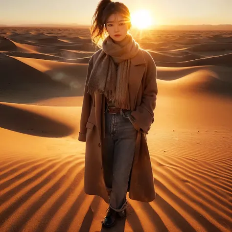 Professional photography, a Korean girl with pony tail hair, wearing an overcoat jacket with a scarf around his neck, jeans, boots, standing sideways facing the sun on a rippling sand dune at dawn, the sun casts a warm glow that illuminates the landscape, ...