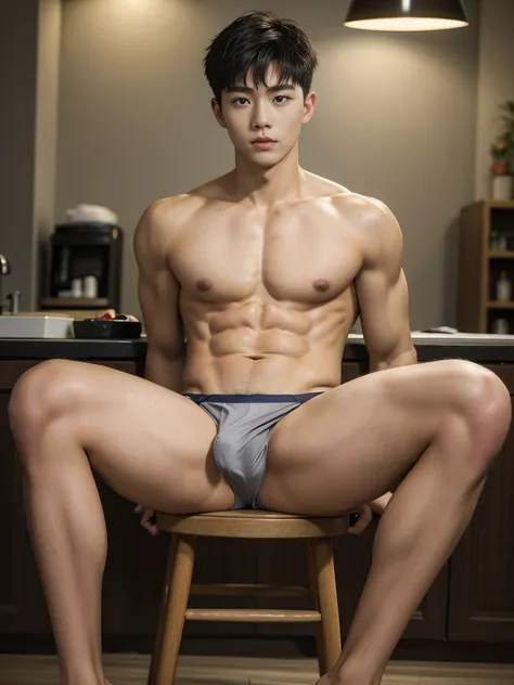 (masterpiece:1.2),18-year-old boy, Asian, Korea, gray panties, erection, abs, sitting on a stool, spread legs, looking at me, ultra-detailed, realistic, portraits, vibrant colors, studio lighting