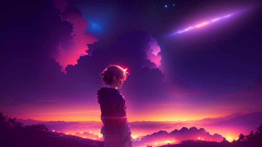 anime, anime girl, yukata、yukata girl、Night Sky、Night Sky 花火、Image size is 16：9 please。