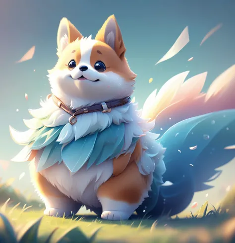 Create a close-up illustration of a cute corgi dog with a playful and happy expression, standing on a grassy field under a clear blue sky."