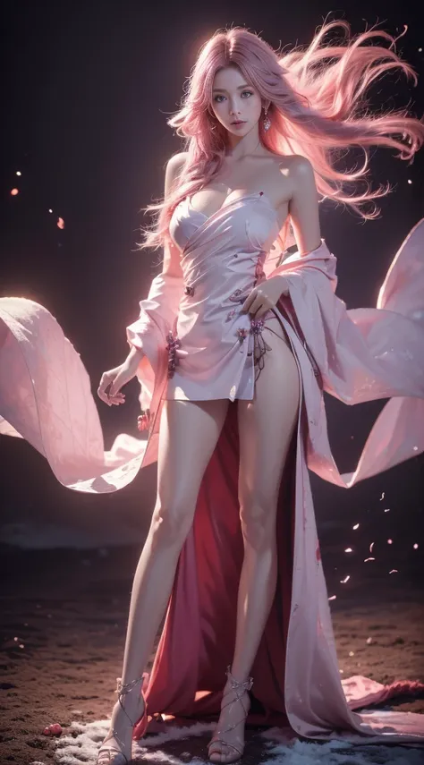 shenzi,1girl,long hair,pink hair,purple eyes,very long hair,hair_ornament,pink kimono ((cowboy shot)), ((Bare shoulder)), ((Short hemlines, sexy long legs)), realistic detailed photo of a giant breasted girl with exposed shoulders, detailed fingers, high q...