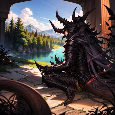 monster, black armor, helmet with horns, red glowing, blue sky, bracelet, bush, coral, day, fish, forest, grass, jewelry, lake, ...