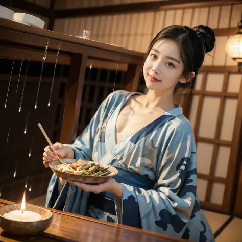 (((best quality))),(((ultra detailed))),(((masterpiece))),illustration,((1 beautiful Japannese girl,solo)),((slim,thin)),((small breasts,flat chest)),(((izakaya,summer,rain,night,indoor))),(blue Camouflage kimono:1.3),neat bun,porcelain skin,rouge,dimly li...