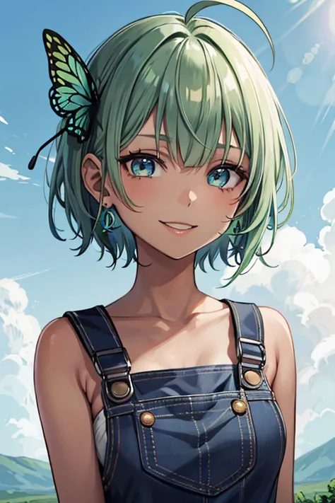 ((1 woman))、17 years old、Big Ahoge、Bright green hair、Short Bob、(Oily brown skin)、Light blue eyes、drooping eyes、Wear blue overalls、(Butterfly earringy hair flutters in the wind、smile、The background is a clay wall、African