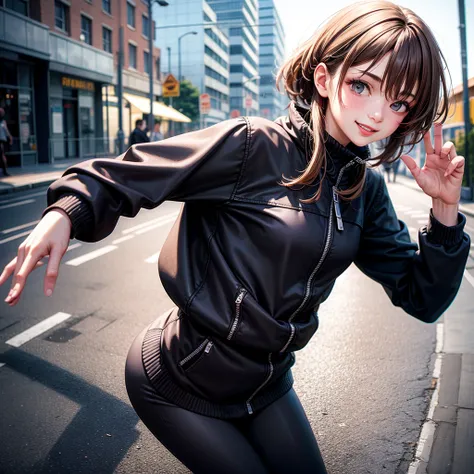 best quality, Ultra-high resolution, (Reality:1.4), 1 Girl, Oversized black jacket, White movement, (Yoga Pants:1), (Light brown hair:1.2), Looking at the audience, Smile, Foote Body, street, Urban, cosmetic, Wide Angle,，bulge