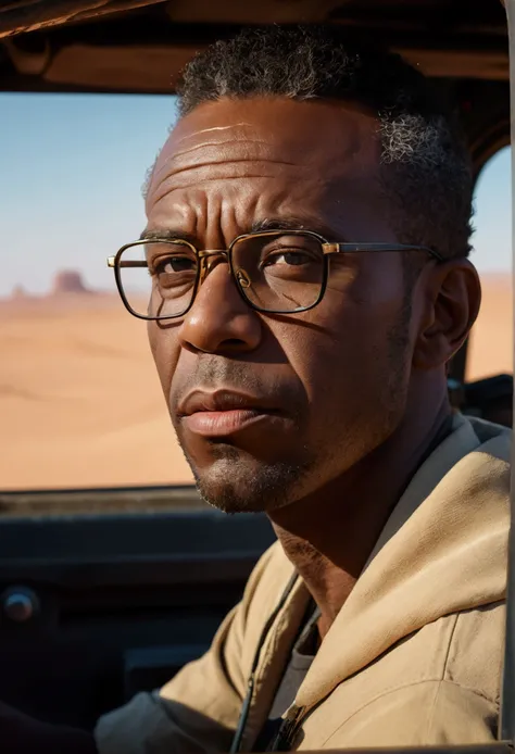 a man with glasses driving a vehicle in the desert, a character portrait, por Michael Komarck, afrofuturism, gambino , headshot from the front, Humvee, thick neck, old render, twoface, afroamerican, Hyperrealistic absurdity, mixed range, star Wars, realist...