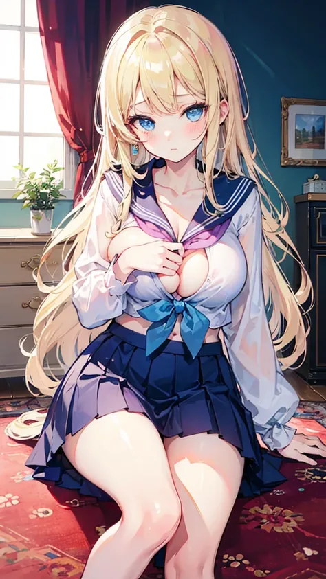 A woman with big ，Lovely daughter，Loli，Light blond long hair，Blue Eyes，clavicle，(Sailor Suit:Rococo skirt|1.2)，weak，Sexy，Color，lactation，blush，Bright Light，Sitting on the living room carpet，Show the chest，