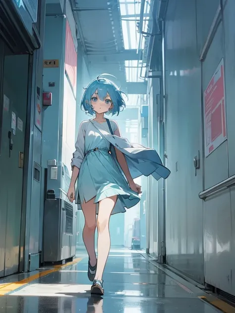 Anime girl short light blue hair walking pose on a humid day