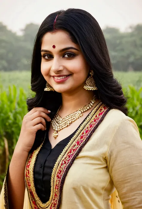 (((desi girl))), chubby face, natural skin, wearing hot deep neck khamir salwar and dupatta, charming black hair, Badi Choti ((hair ends are blonde)) Chehre per smile jor se Hans rahi ho Khet Mein Bada gana Khet background, bokeh 