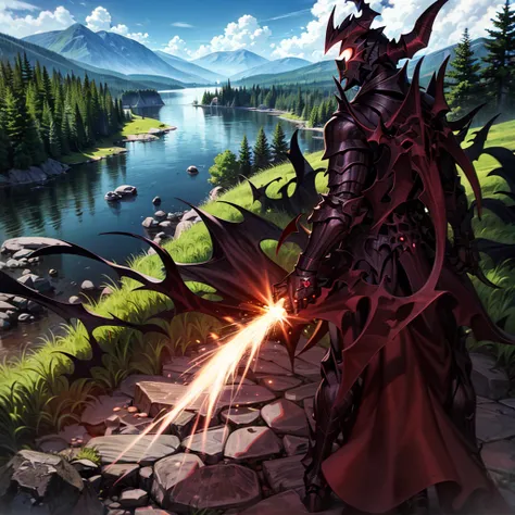 monster, black armor, helmet with horns, red glowing, blue sky, bracelet, bush, coral, day, fish, forest, grass, jewelry, lake, ...