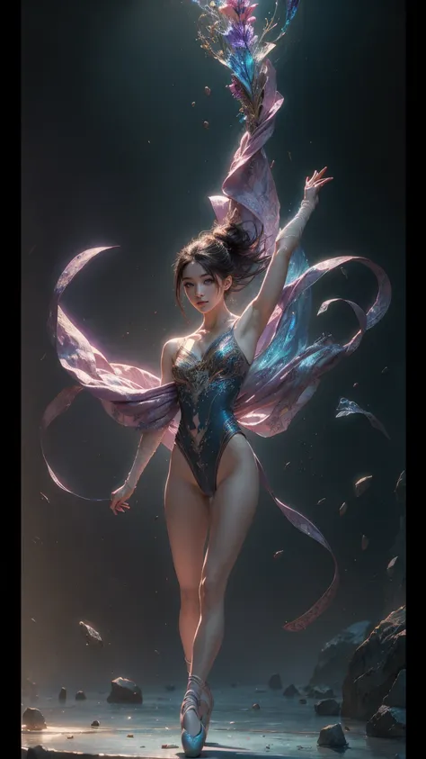 ((Paris Olympic background)), ((Full body)), (((perfect anatomy))),(((Ulzan 6500))),Dynamic portraits、Capture a beautiful Japanese skating ballet dancer in the middle of a leap, Frozen in breathtaking moments of elegance. The subjects graceful poses and fl...