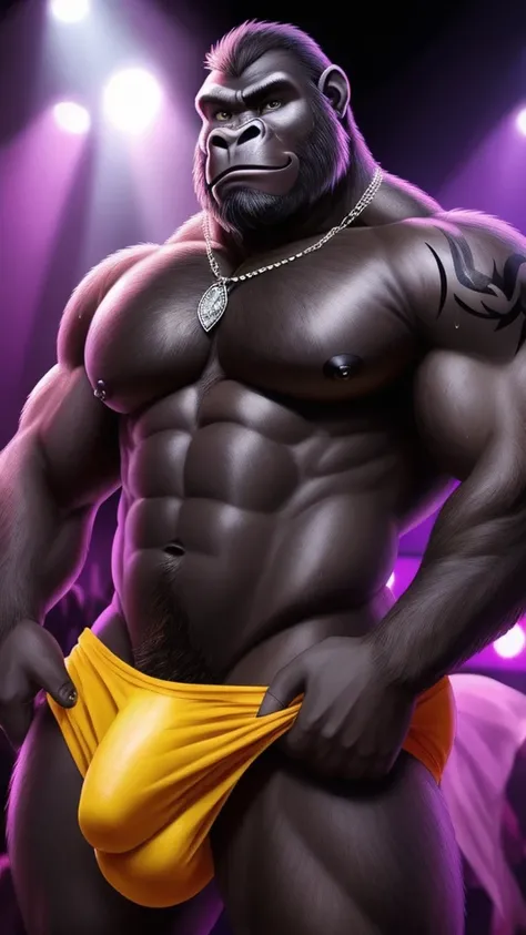 Closeup of an athletic muscular male gorilla, naked, posing sensually, revealing his large erect penis, in a disco, wet with semen, with sweat, wearing a necklace, with tattoos, well detailed, ultra detailed, NSFW, black fur, Whole body, big body