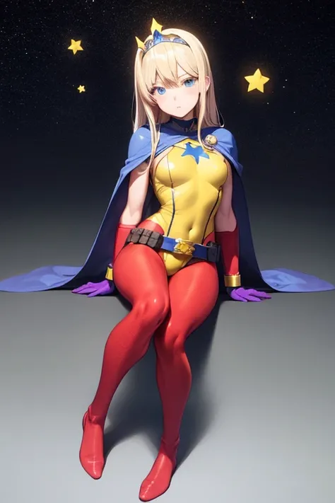 ((best quality)), ((masterpiece)), (detailed), 1 girl, Full body, 19 years old, Sad face, Blue eyes, Empty eyes, Star-shaped tiara, Arms forward, Eye mask, Blue superhero mask, Blonde hair, Straight hair, Long hair, Bangs, 2 star clips on the sides of the ...