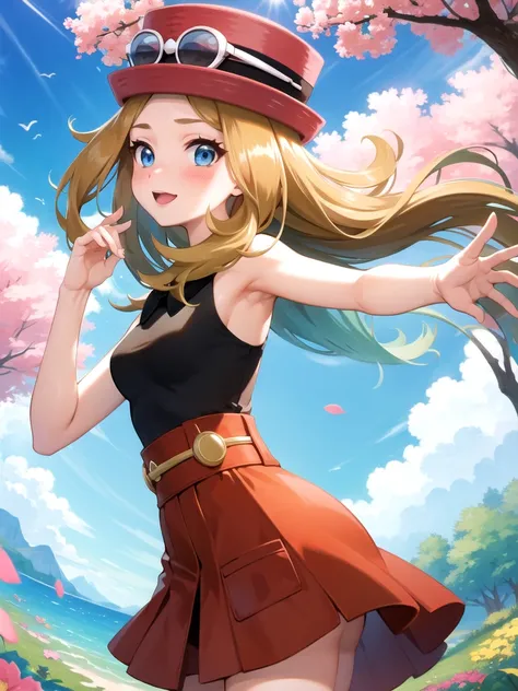 (masterpiece:1.5), (best quality:1.5), extremely detailed, 4k, (aaserena), solo, long hair, eyewear on headwear, pink headwear, eyelashes, blue eyes, sleeveless shirt, black shirt, high-waist skirt, red skirt, black thighhighs, happy, blush, nature, flower...