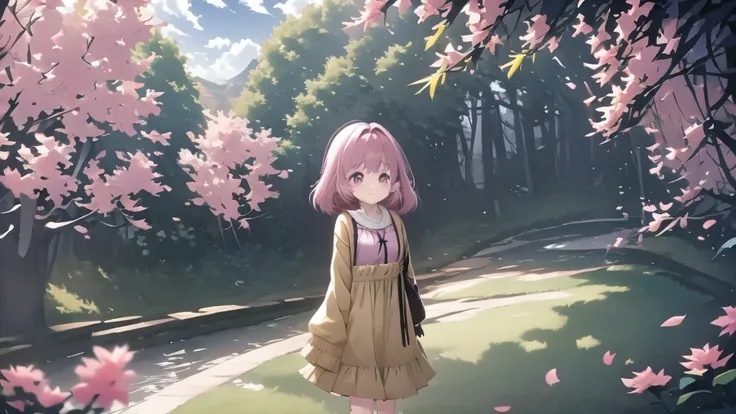 4K　Girl　A plateau with a view of the forest and lake　fluffy　skirt　dress　cardigan　Two Piece　Ash pink hair color　Ruby Eyes　Selfish Body　Earth Colors　anime　comics　smile　fine　Uplifting　Glass Feather　Iridescent feathers　Two Moons　mysterious　Soft Moonlight