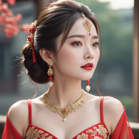 ((Highest quality)), ((masterpiece)), (detailed), （Perfect Face）、The woman has her medium-long hair tied up and is wearing a gorgeous red long-slit party Chinese dress with gold embroidery and trim, and is dressed luxuriously with gorgeous accessories and ...