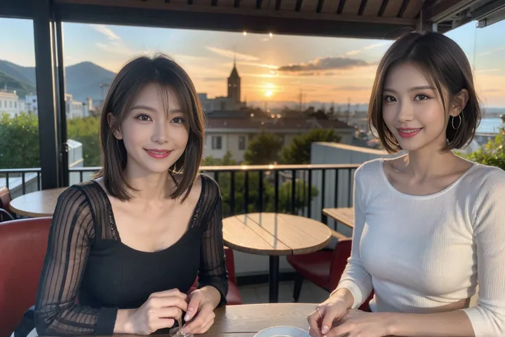 （Realistic:1.1）,(masterpiece,Highest quality)，8k,(49 years old), 53 years old, ベリーslimボディ、slimカップル、Tight waist,Upper Body,full-course dinner、wine 、Amazing view of the sunset sky and clouds、Perfect Anatomy, Brown Hair, short hair,Random Hairstyles,((Highly ...