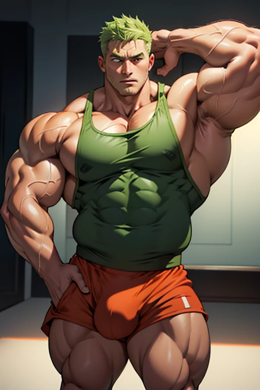 Sanji and Roronoa Zoro from One Piece in a kitchen. Sweating. Standing in a line. Blonde hair. Green hair. Staring ahead blankly. Drinking protein shakes that turn them bigger and dumber. Growing bigger muscles and crotch bulges. Both have trained themselv...