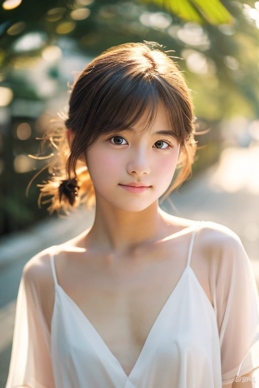 lens: 135mm f1.8,(Highest quality), (Beautiful 14 year old Japanese girl),  (Moisturized lips), Narrow eyes, double eyelid,Delicate clavicle,Flat Chest,Shortcuts,  shame, A faint smile,
(Spotted sunlight:1.2), Dramatic lighting, 
(Sheer white shirt), (Sunb...