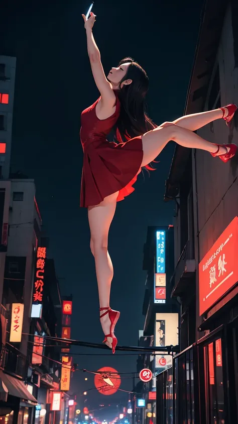 Acrobatic Sarasara, urban legend yokai, tall woman in red dress, long black hair, no eyeballs, watching a gymnastics video on a smartphone, night scene, city background, surreal, detailed, eerie lighting.