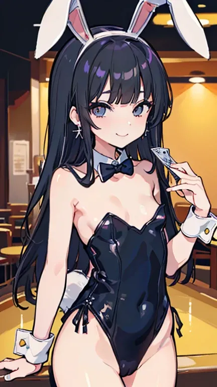 (8k、Best image quality、Highest quality、masterpiece)、Detailed face、 One Girl、Black Hair、Long Hair、straight、Blunt bangs、Grey Eyes、Wicked Smile、((there are a lot of earrings))、((Small breasts))、((Playboy Bunny))、((I had already finished))、Cowboy Shot、casino
