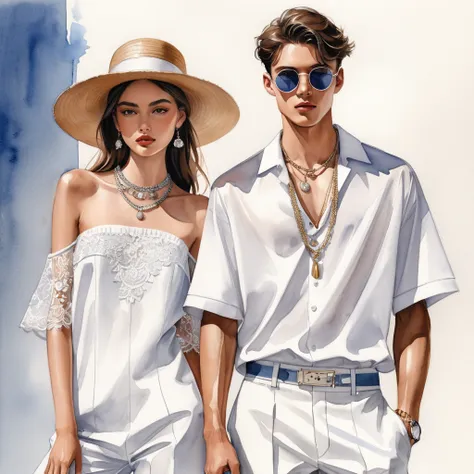 candid fashion illustration of young man and woman, both aged 23 year old, tall and slender, super model, ((showcase fashion in ...