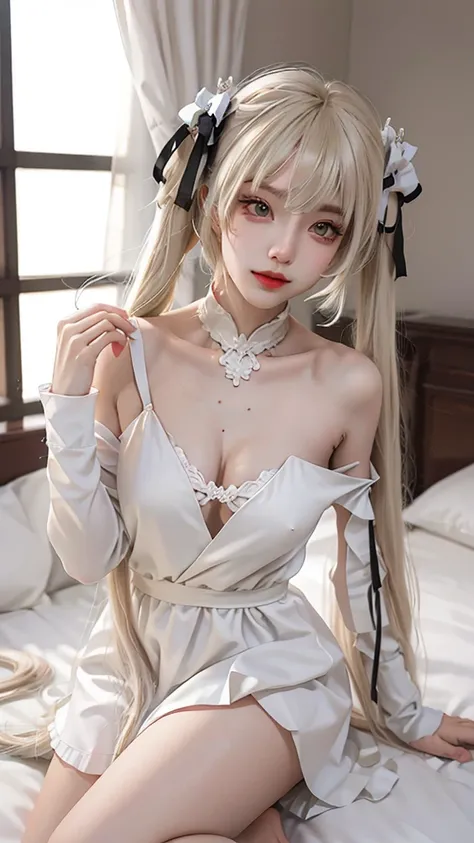 kasugano sora,long white hair,twintails,hair ribbon,hair ornament,  ((Yushuxin,1 Girl,Solitary)), Warm colors, atmosphere, 4K, masterpiece, high resolution, ridiculous, Bare shoulders, Sexy long legs, on the bed, Strike a pose, brown wavy hair, lust, eyes,...