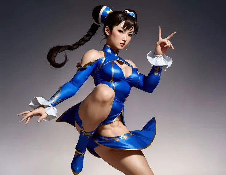 Chun Li striking a victory pose, I conic blue outfit mini dress, viewed from low angle