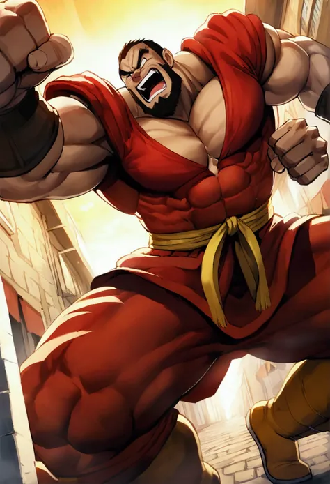 Street fighter 2 Zangief, doing his victory moves while laughing, viewed from a low angle