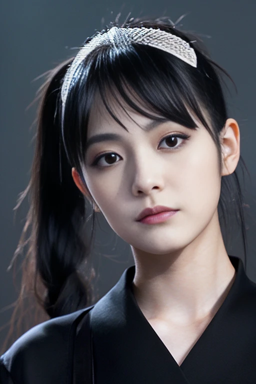 A beautiful 25 year old Japanese female vampire with black hair in a ponytail, White skin, Serious expression, He&#39;s wearing a black and orange assassin&#39;s outfit., Waist up shot, Dynamic pose, ambient lighting, Photorealism, Intricate facial details...