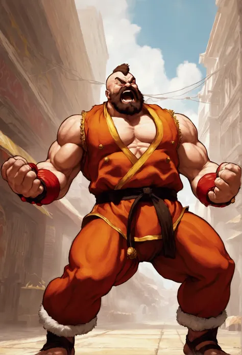 Street fighter 2 Zangief, doing his victory moves while laughing, viewed from a low angle
